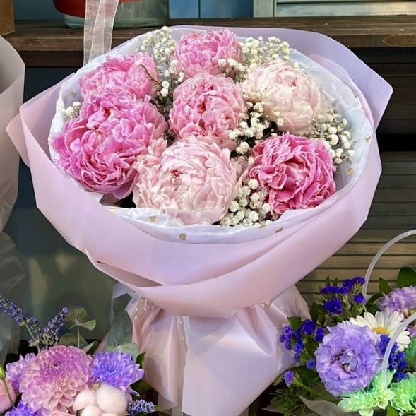 Букет 7 нежных пионов с гипсофилой в Красногвардейском